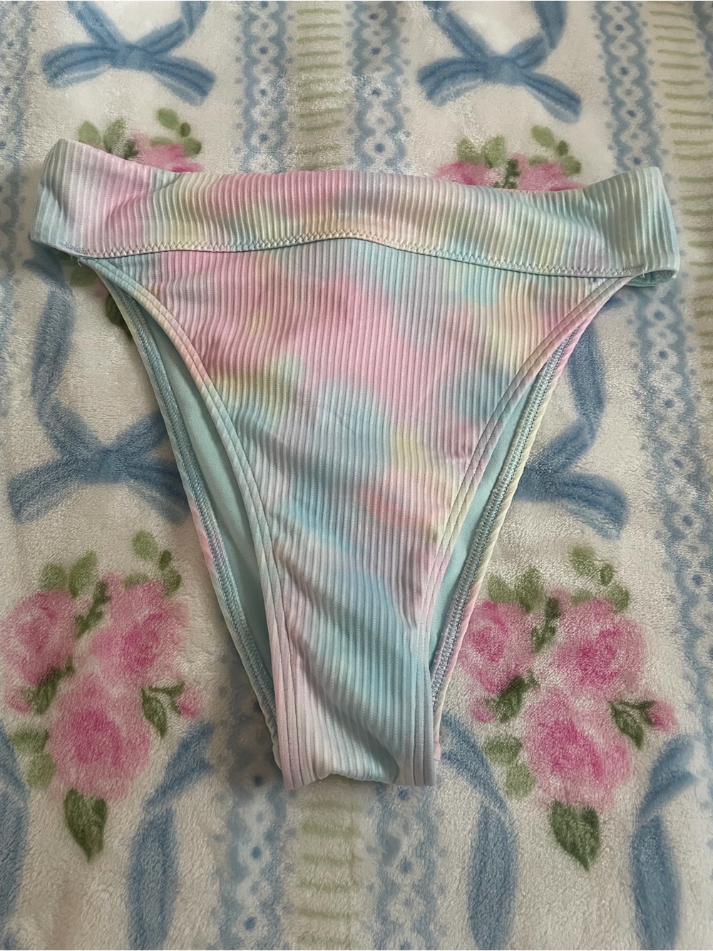Hollister Pastel Tie-Dye Ribbed High-Cut Bikini Bottom - Pink, Blue, Mint
